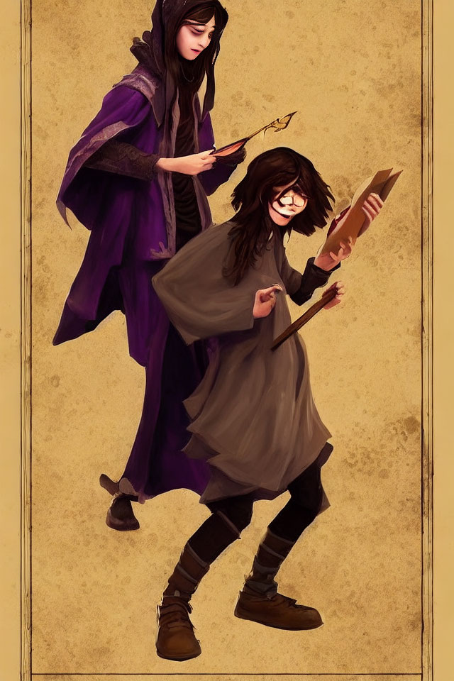 Fantasy character illustrations in purple cloak with wand and butterfly, and glasses with book casting spell.