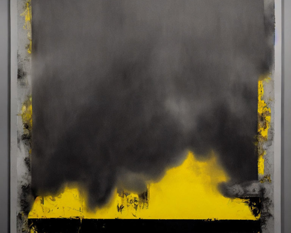 Black Smoky Texture on Yellow and Gray Abstract Painting