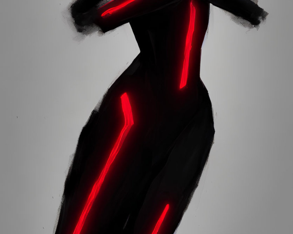 Sleek Black Humanoid Figure with Red Accents on Gray Background