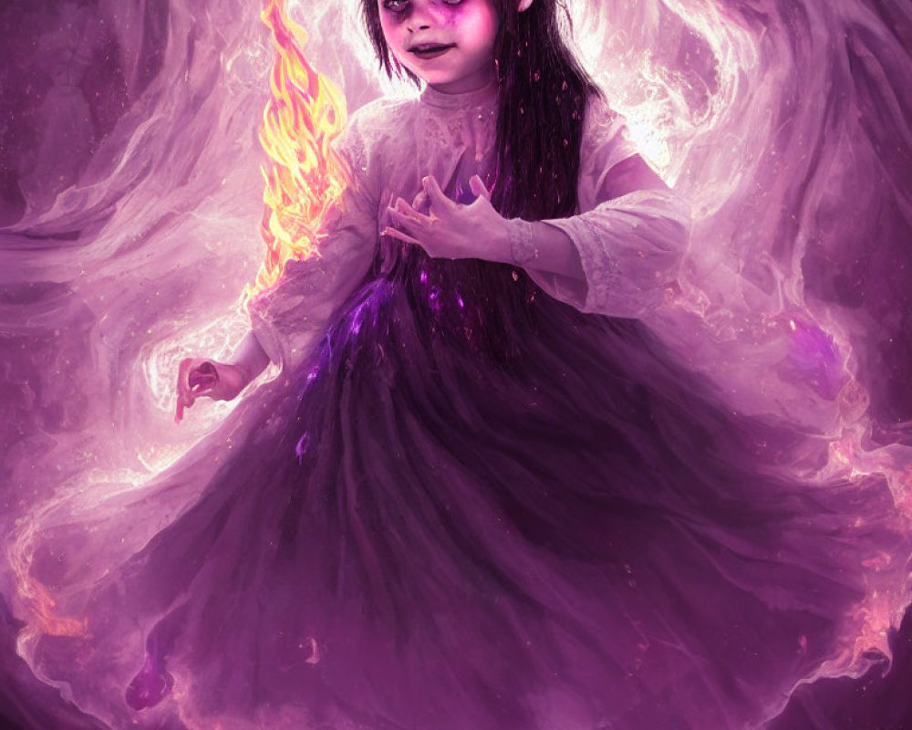 Young girl with eerie smile holding flame in swirling purple aura.