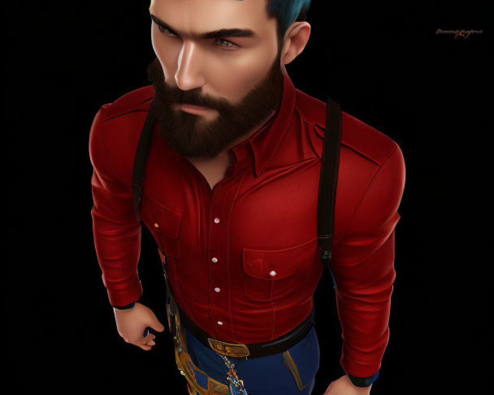 Digital artwork: Man with blue hair, red shirt, blue pants, and suspenders on black background