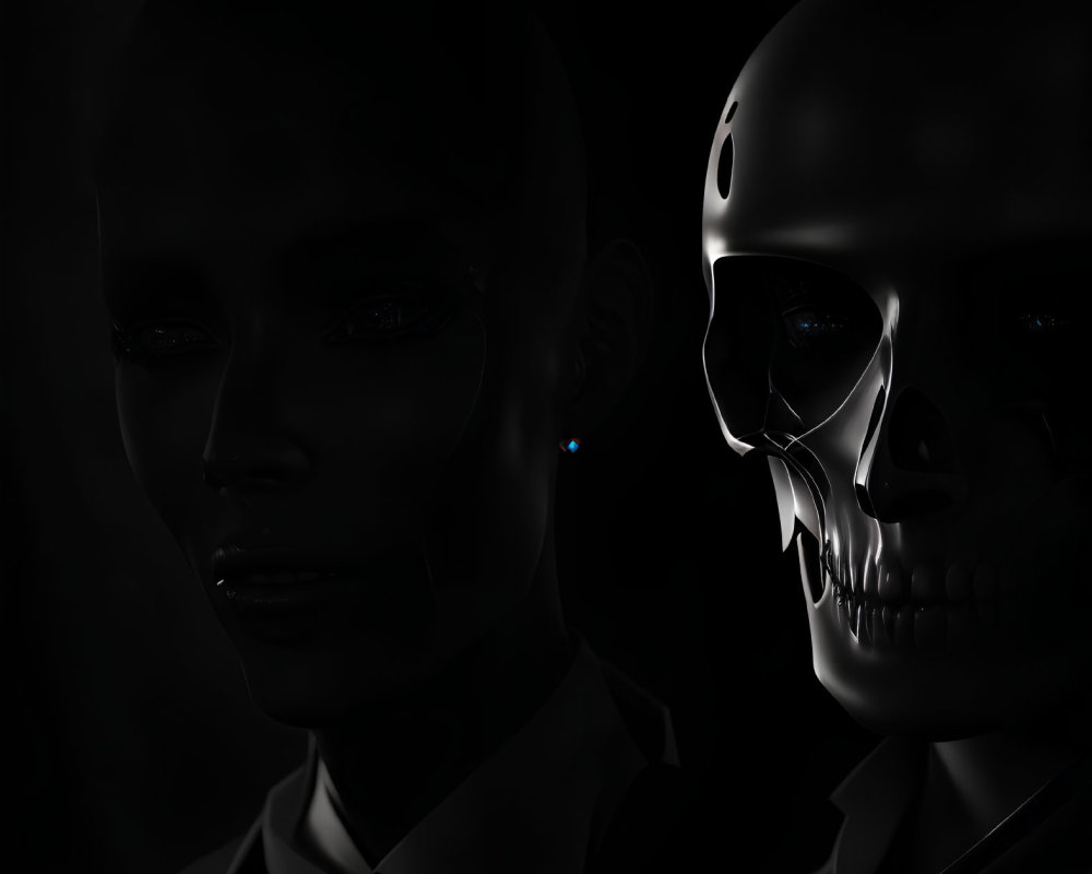 Close-up of female mannequin head and skull on dark background