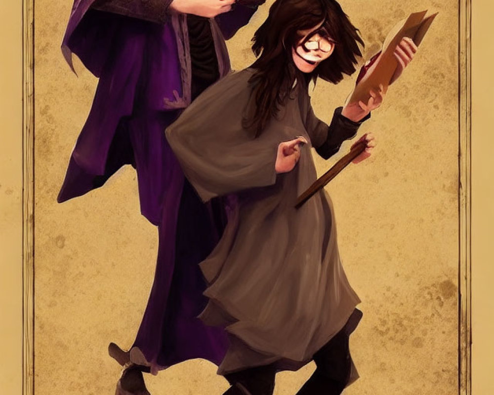 Fantasy character illustrations in purple cloak with wand and butterfly, and glasses with book casting spell.