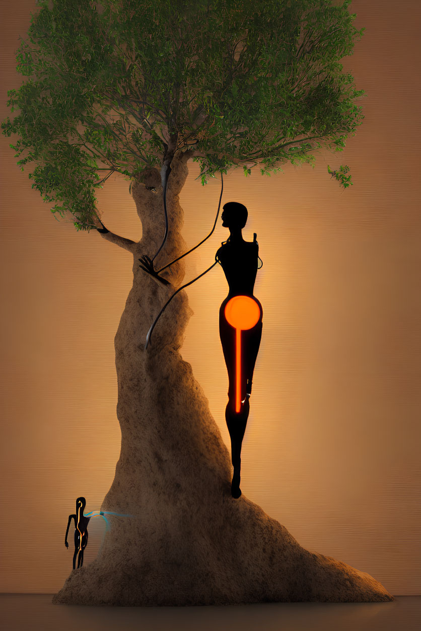 Futuristic humanoid silhouette glowing orange in tree with smaller figure, set against amber backdrop