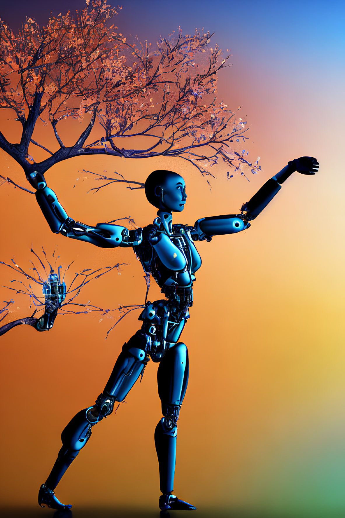 Intricate humanoid robot with joints against gradient backdrop and pink blossoms tree