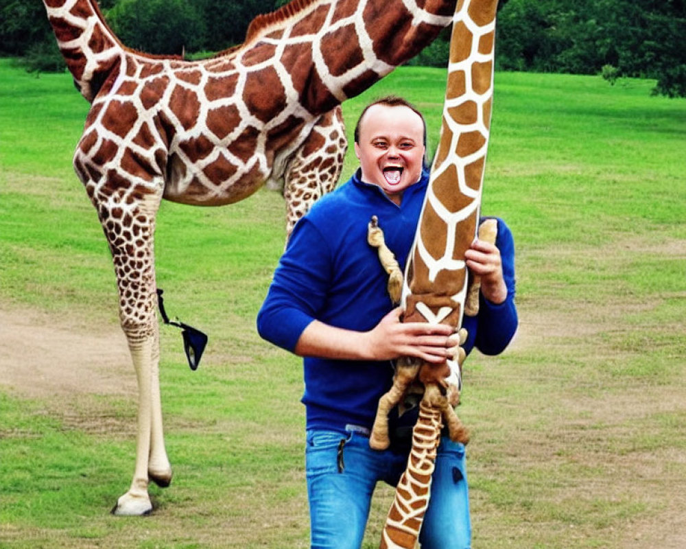 Digitally altered person playfully mimics giraffe in grassy field