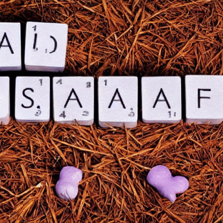 Scrabble letters spell "AFRAID" on pine needles with purple hearts