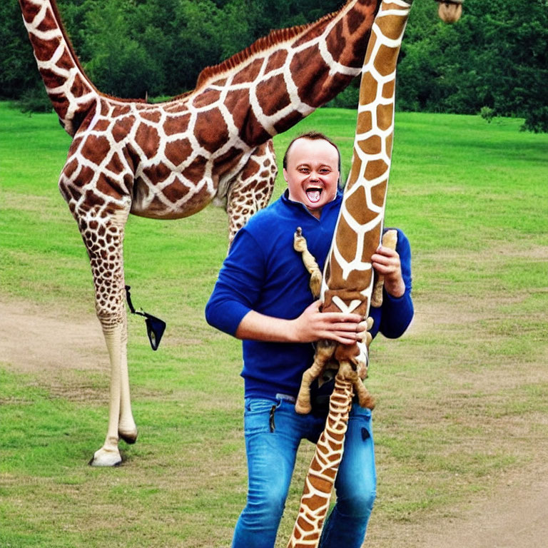 Digitally altered person playfully mimics giraffe in grassy field