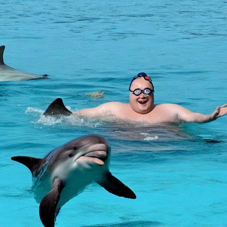 Swimmer with Goggles Smiles Swimming with Dolphins in Blue Water