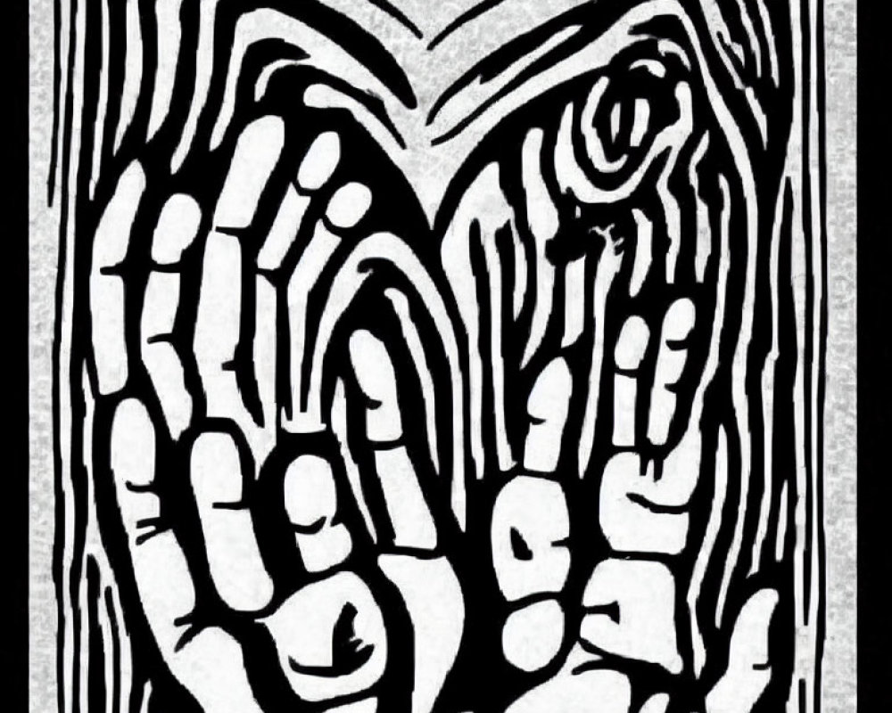 Monochrome abstract art: distorted face with prominent eyes and hands framing or distorting it