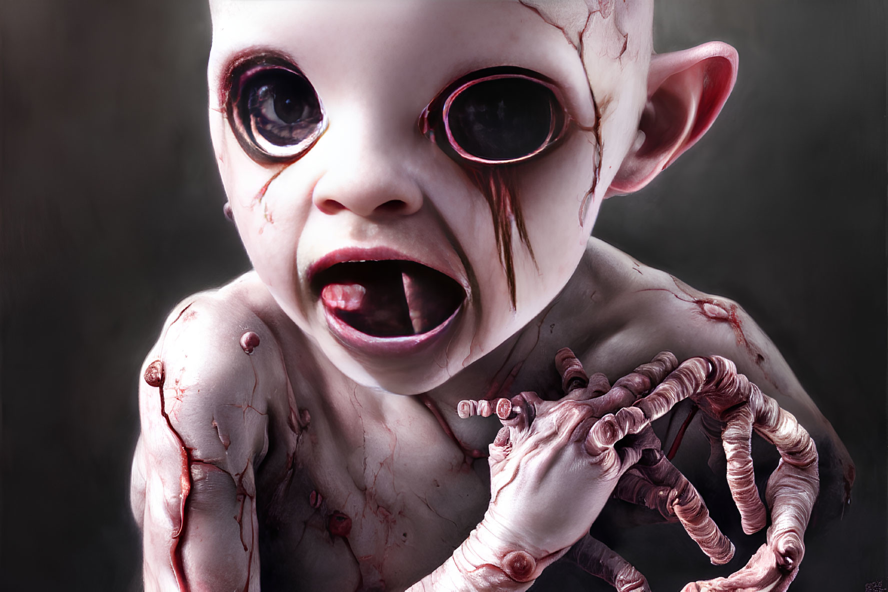 Grotesque digital artwork of a monstrous baby with oversized eyes and sharp teeth