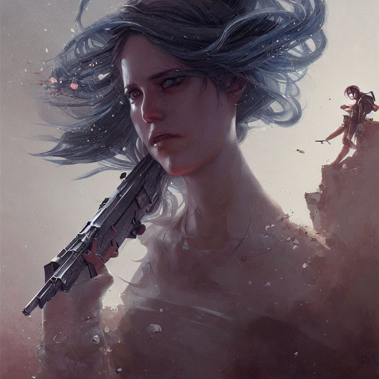 Woman with flowing hair holding futuristic rifle, distant armed figure in desolate backdrop