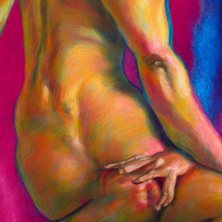 Colorful pastel drawing of a seated figure with defined muscles and skin tones on pink and blue backdrop