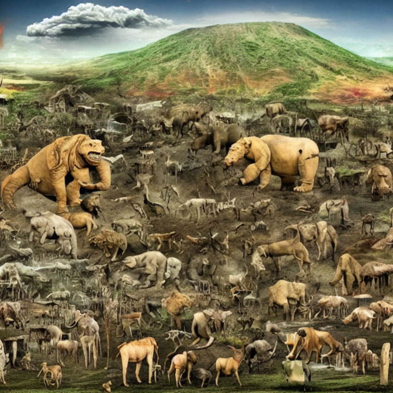 Collage of Prehistoric to Modern Animals on Grass Hill