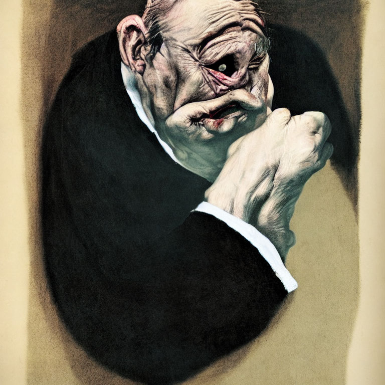 Exaggerated elderly man caricature with large nose and furrowed brow