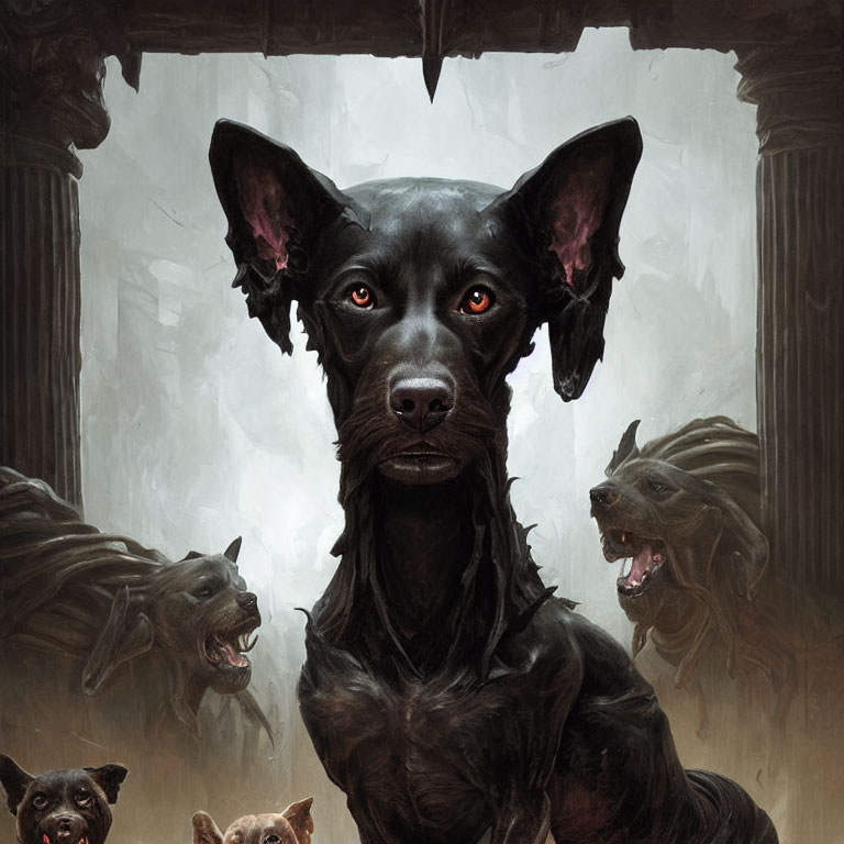 Detailed painting of alert black dog surrounded by blurred dog images in foggy backdrop