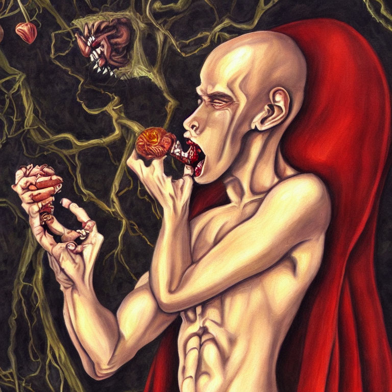 Bald humanoid biting heart with sharp teeth on dark background