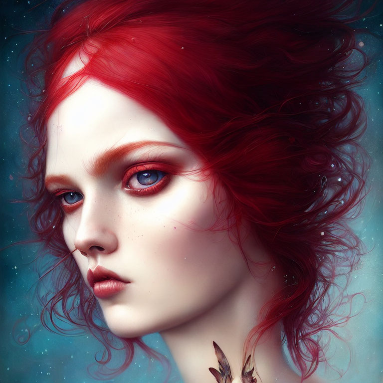 Digital art portrait of woman with red hair, blue eyes, porcelain skin, and butterfly.