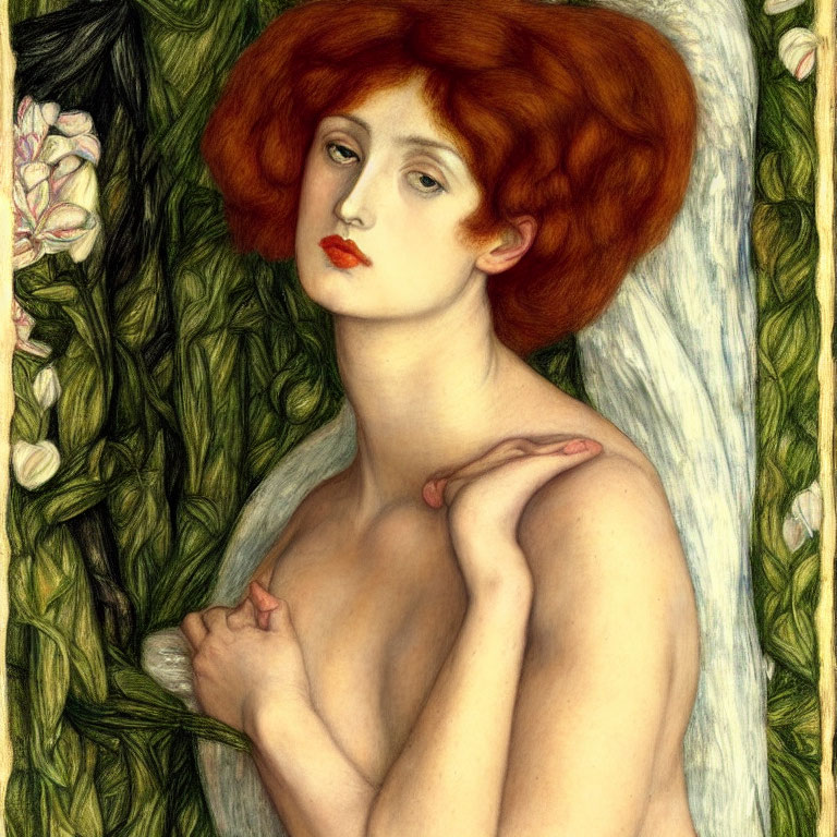 Pre-Raphaelite Style Painting: Red-Haired Woman Amid Green Foliage