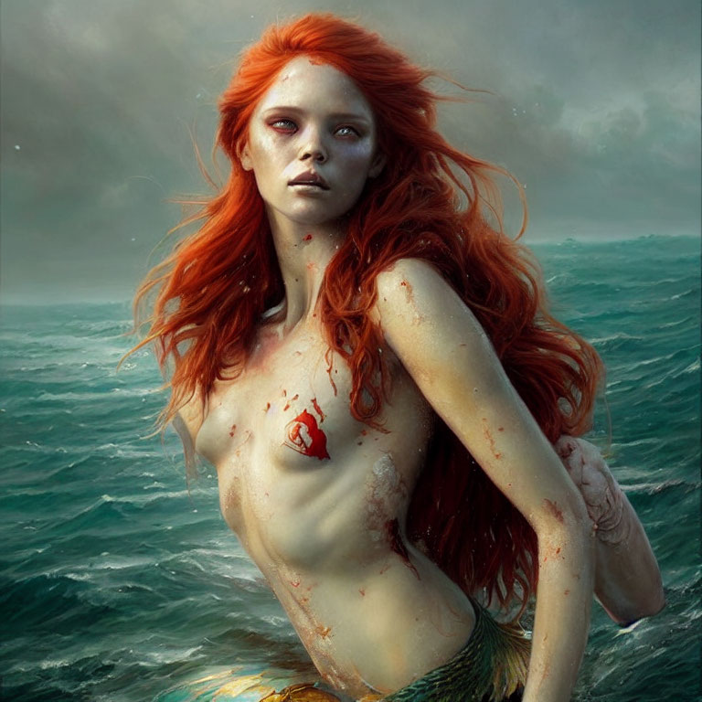 Mermaid digital art: Vibrant red hair and tail, scarred torso in tumultuous sea