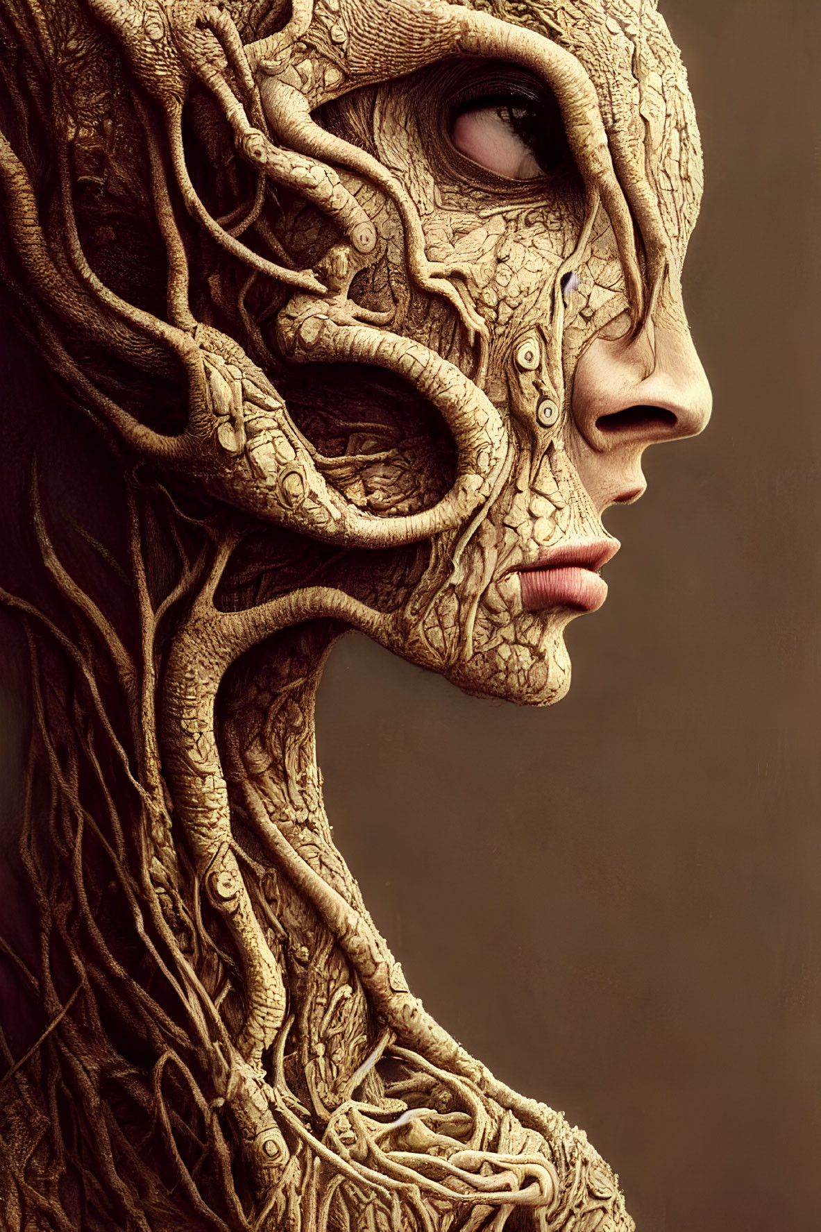 Nature-inspired humanoid face with tree bark textures and intertwining roots.