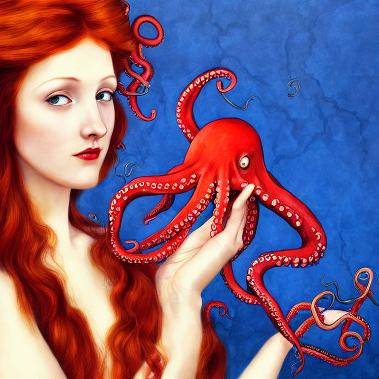 Red-haired woman holding red octopus on blue backdrop