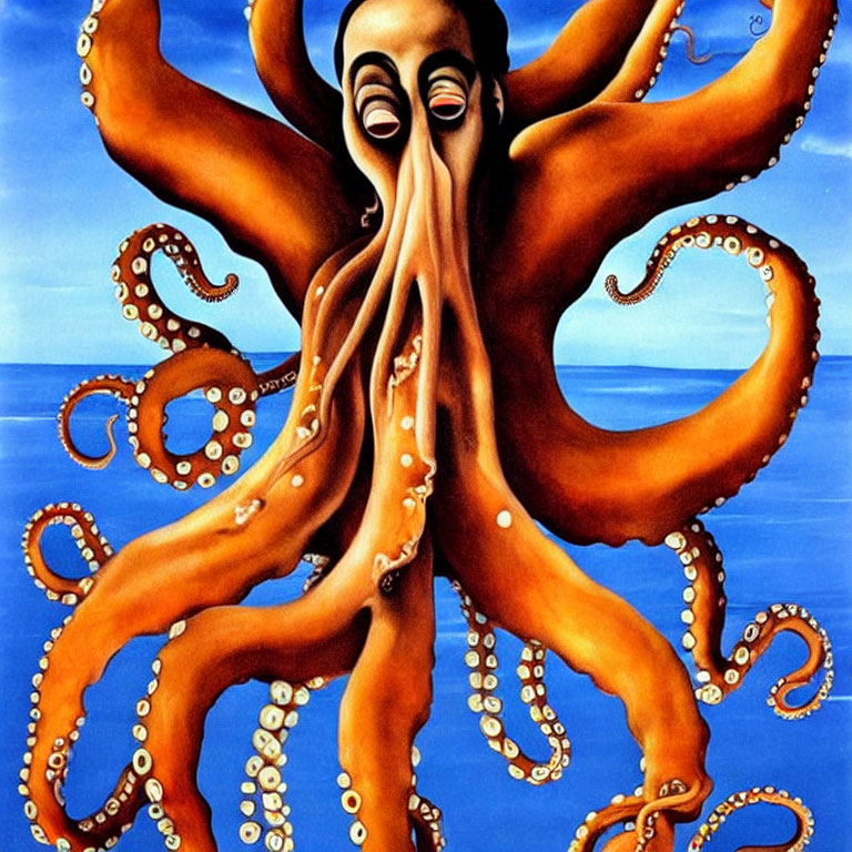 Surreal painting of humanoid figure with octopus head on blue background