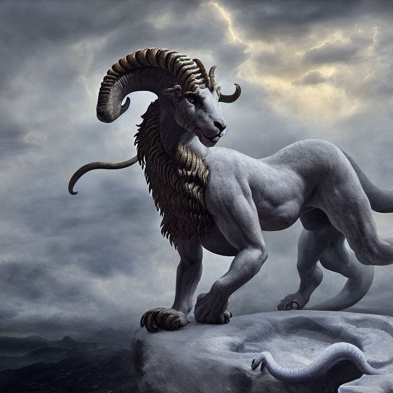 Mythical lion-bodied creature with ram head and horns on cliff under stormy sky