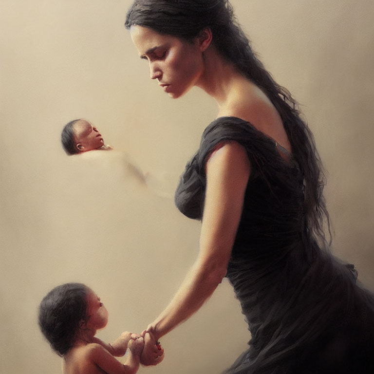 Surreal painting featuring woman in black dress holding hands with baby