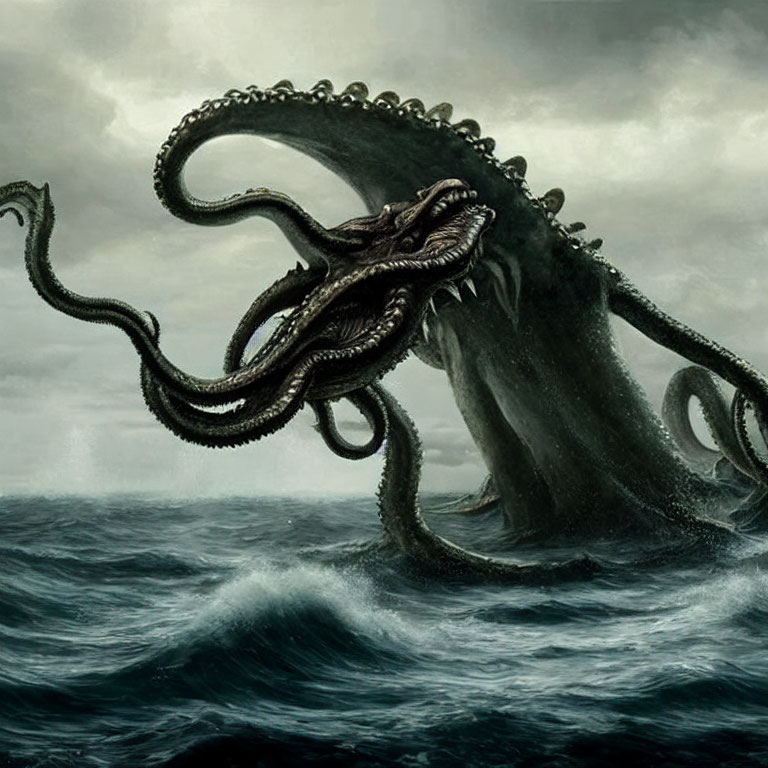 Enormous octopus-like creature in stormy ocean scene