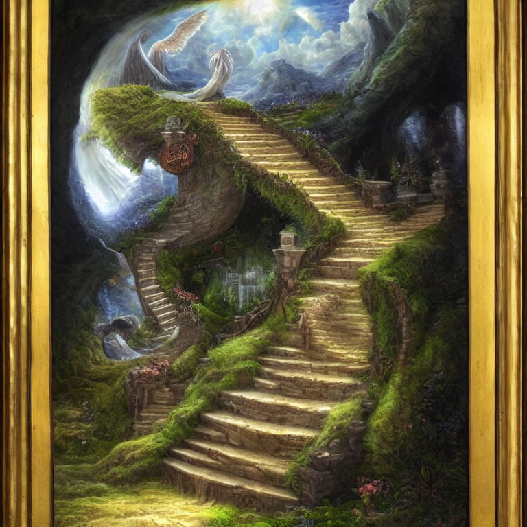 Mystical staircase ascending through lush greenery to swirling sky portal