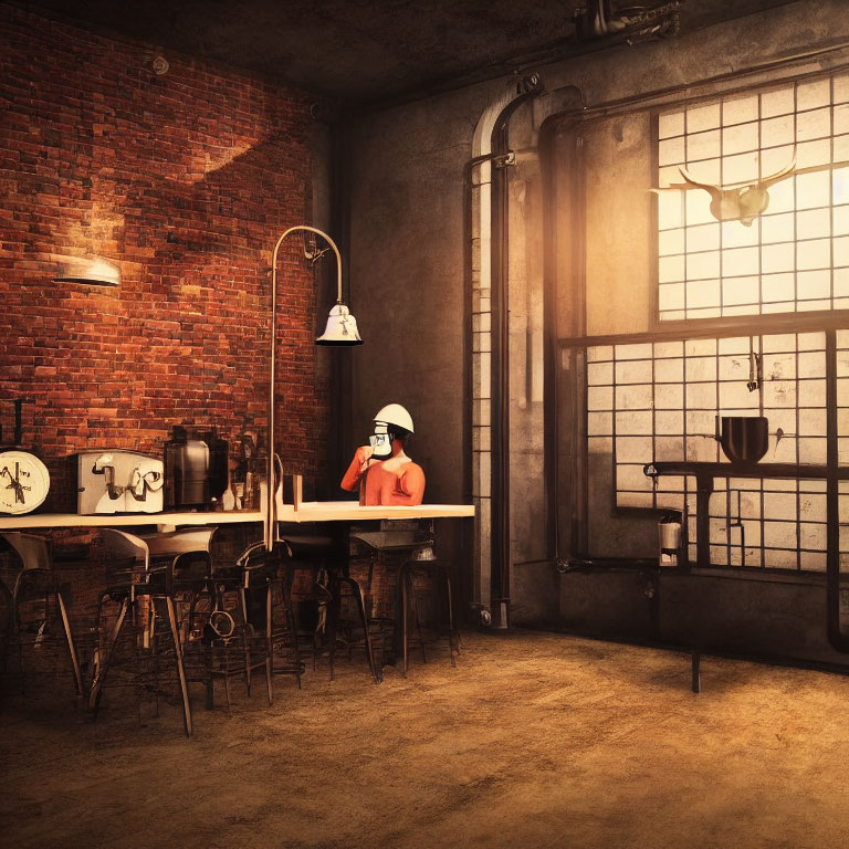 Person in white hard hat at table in vintage industrial room