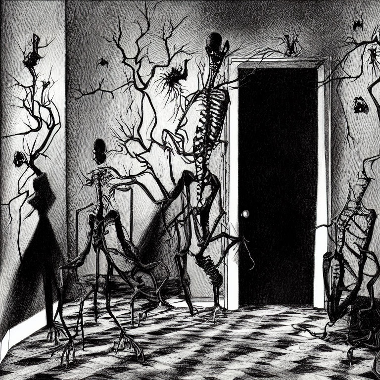 Dark, eerie room with dancing skeletal figures and shadowy creatures