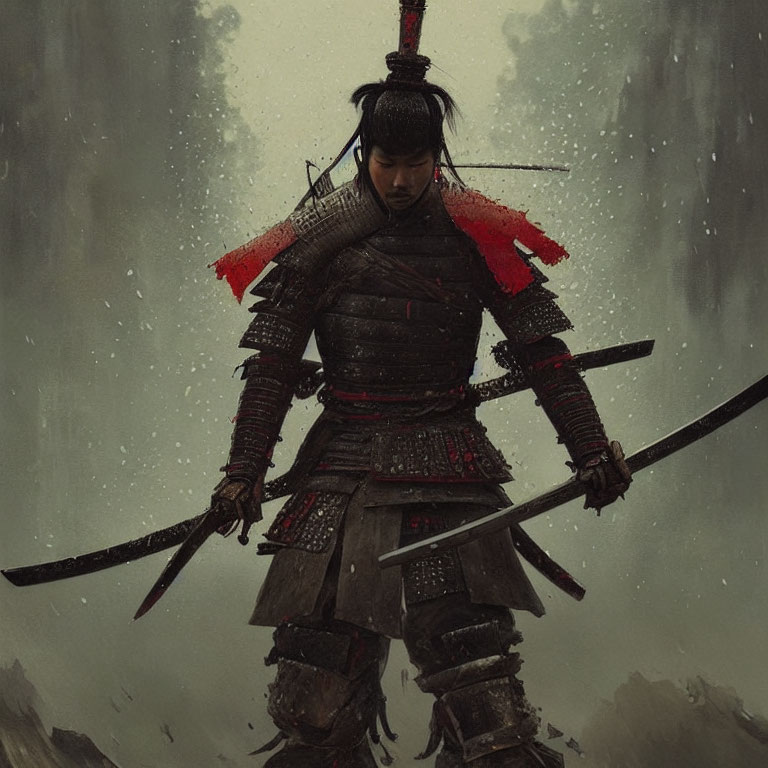 Traditional samurai warrior in red detailed armor with katana in misty backdrop