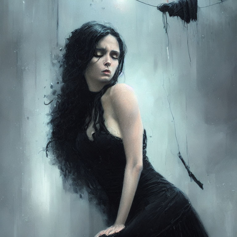 Dark-haired woman in black dress standing solemnly in misty setting.