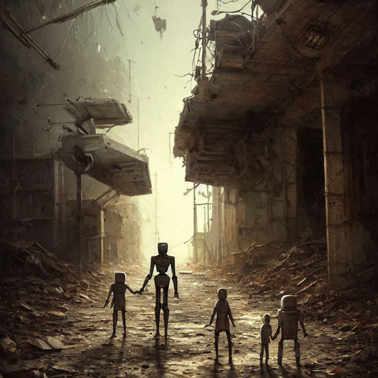 Group of humanoid robots in urban street with decaying buildings and flying vehicles