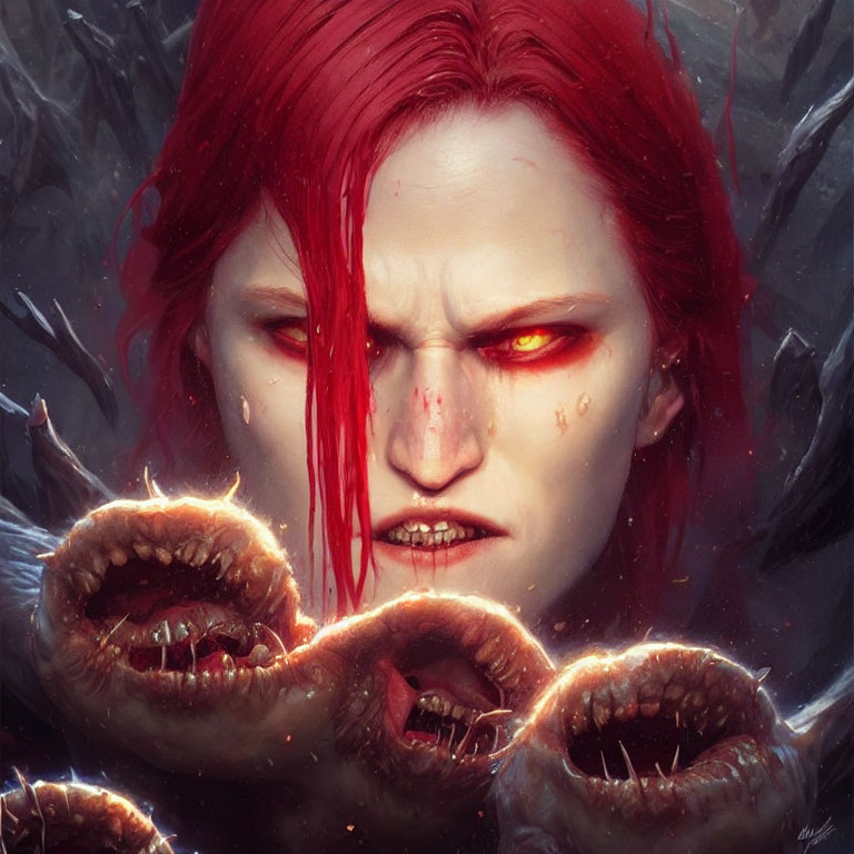 Red-haired individual with glowing red eyes and monstrous mouths with sharp teeth.