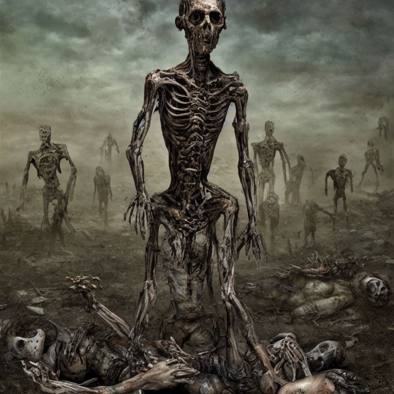 Apocalyptic landscape with skeletal figures and human remains