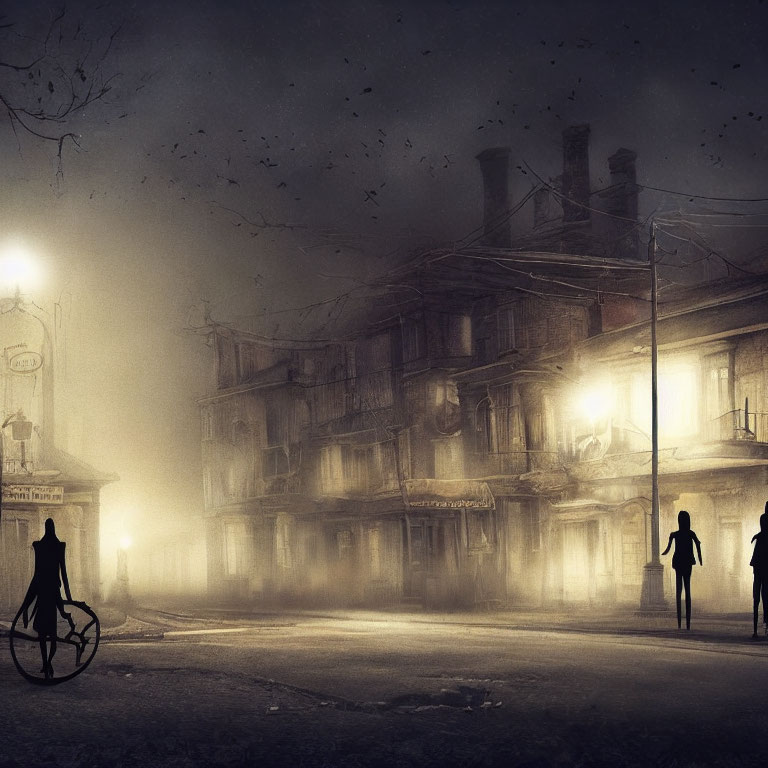 Misty night street with silhouettes, cyclist, old buildings, and eerie sky