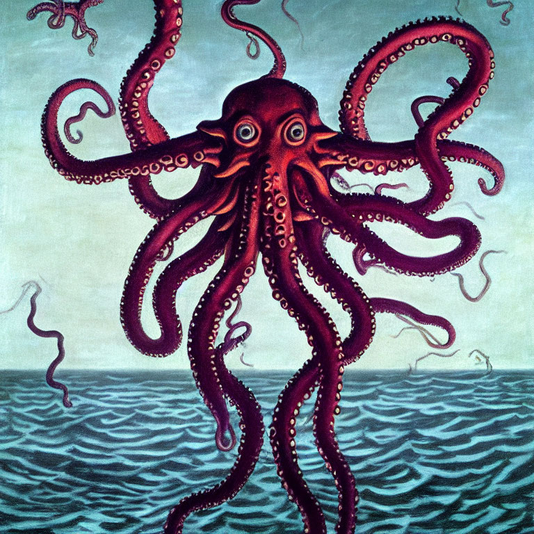 Colorful illustration of giant purple octopus in intense gaze against serene sea and sky