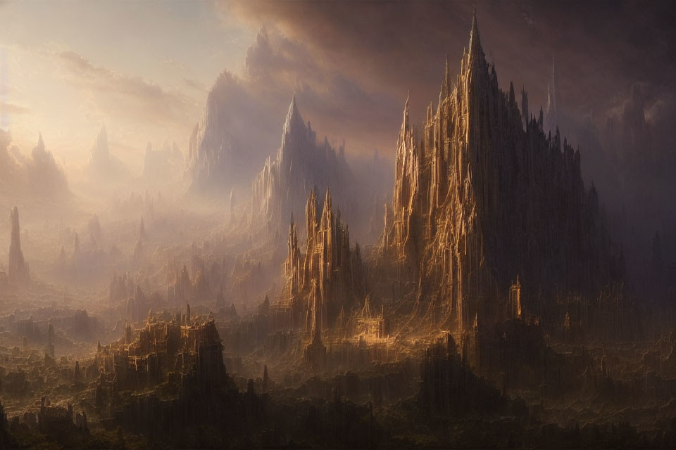 Majestic fantasy landscape with towering mountains in warm sunlight