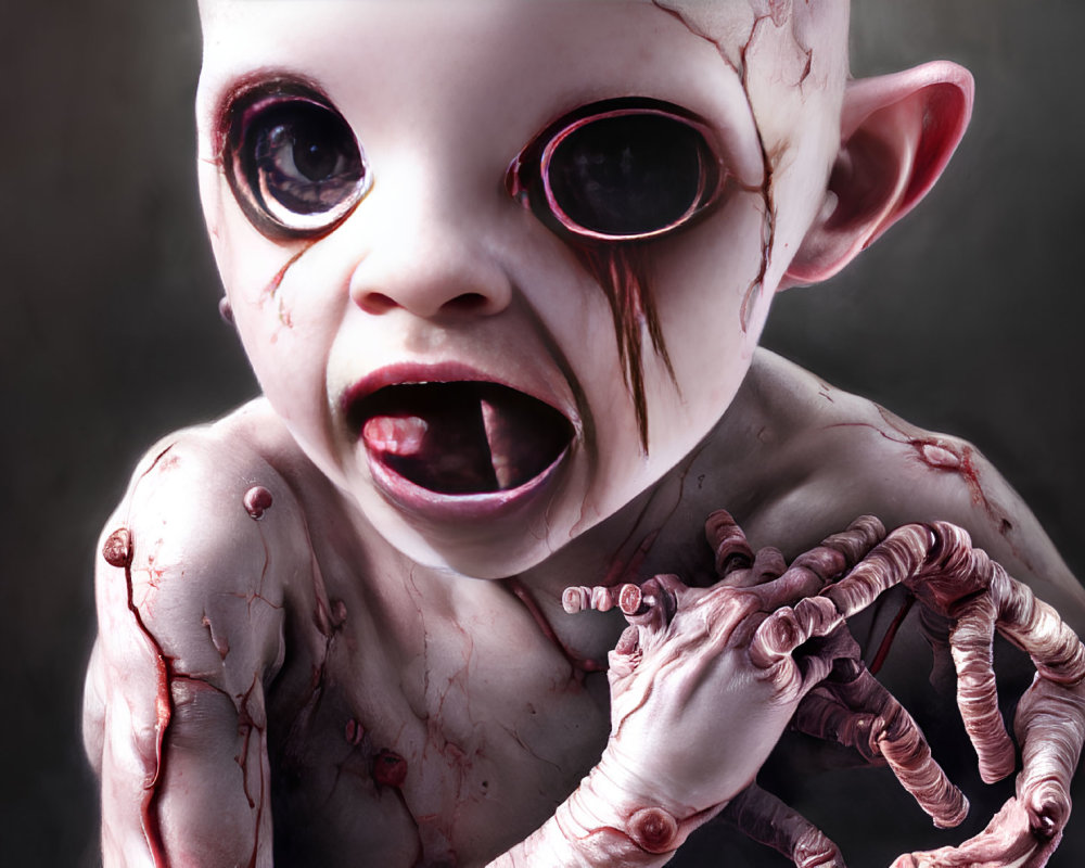 Grotesque digital artwork of a monstrous baby with oversized eyes and sharp teeth