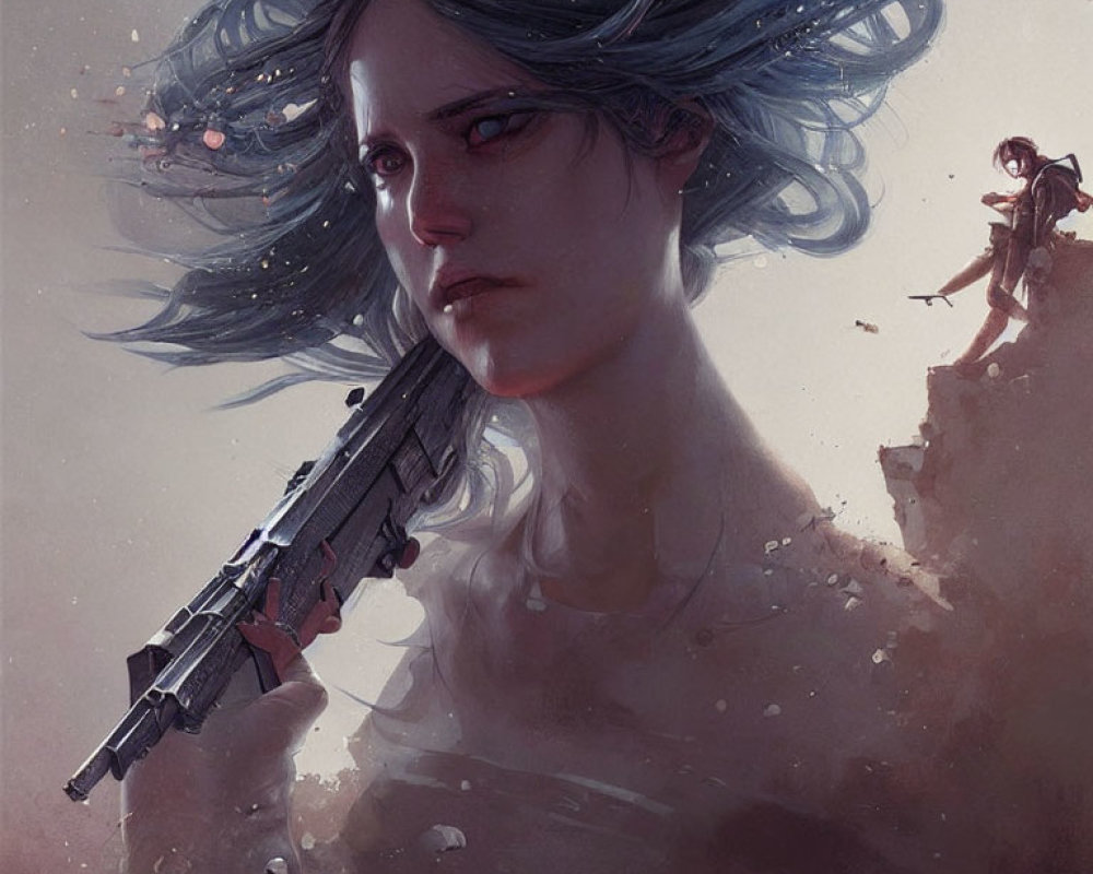 Woman with flowing hair holding futuristic rifle, distant armed figure in desolate backdrop