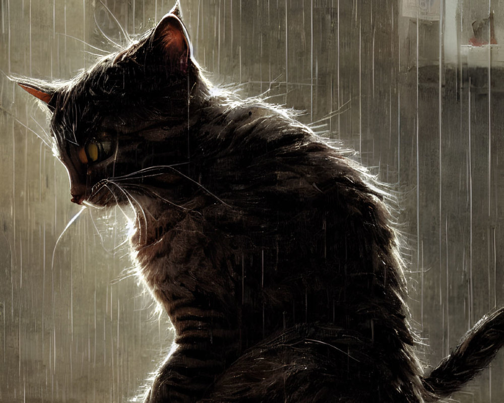 Moody cat sitting on ledge in heavy rain