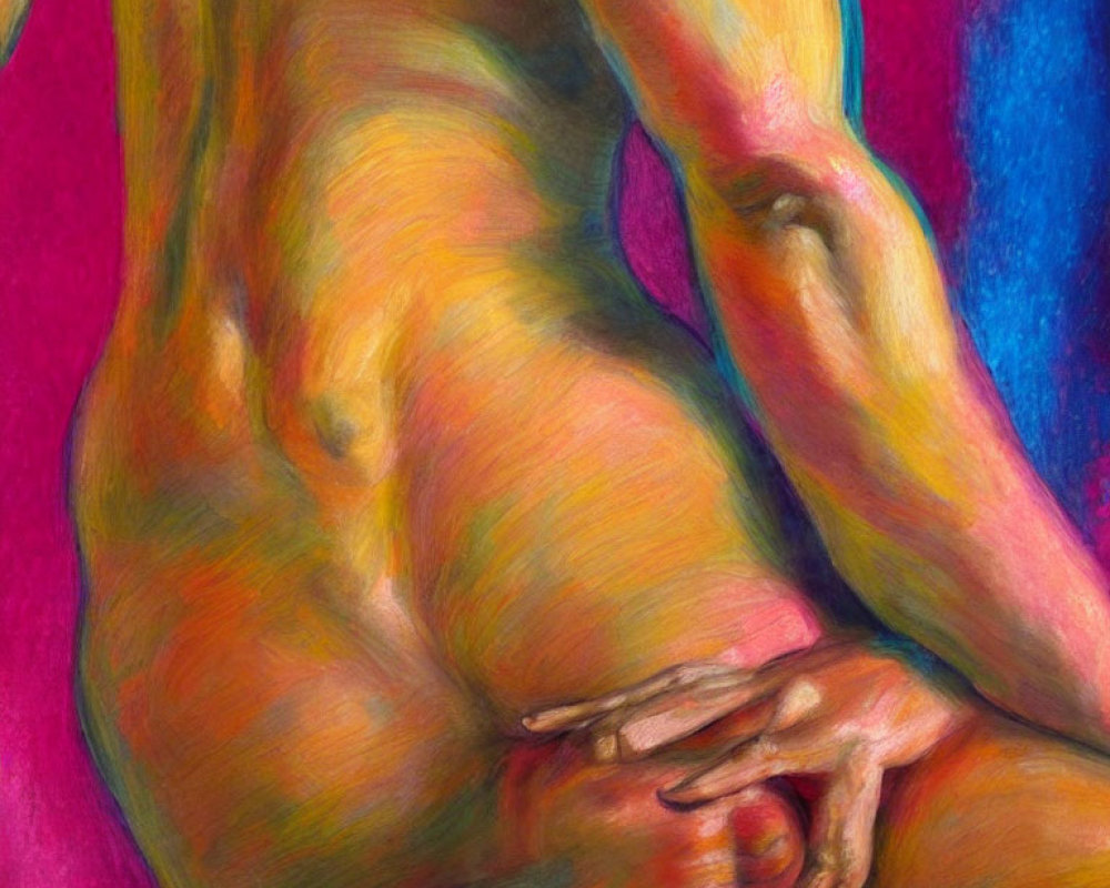 Colorful pastel drawing of a seated figure with defined muscles and skin tones on pink and blue backdrop