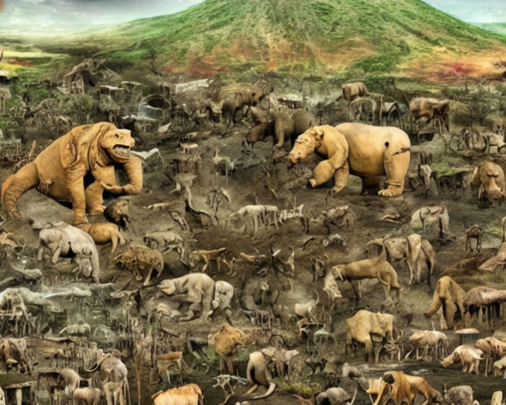 Collage of Prehistoric to Modern Animals on Grass Hill