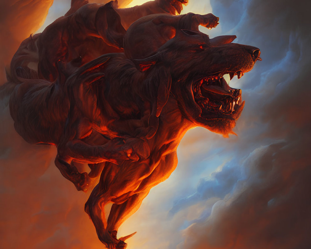 Fiery Three-Headed Dog Artwork in Dynamic Pose