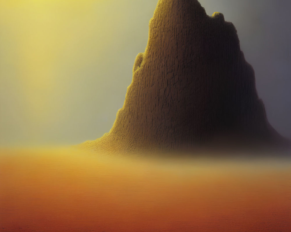 Desert landscape with solitary figure and towering spire at sunset