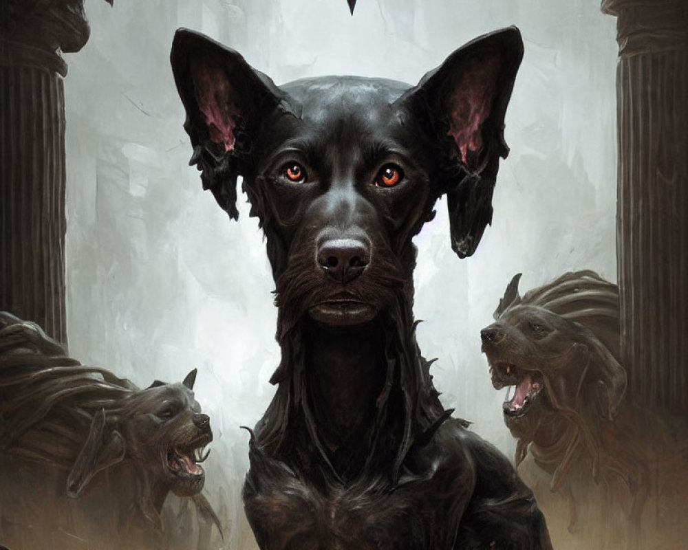 Detailed painting of alert black dog surrounded by blurred dog images in foggy backdrop