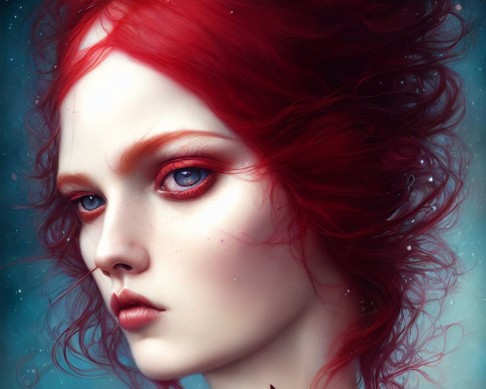 Digital art portrait of woman with red hair, blue eyes, porcelain skin, and butterfly.